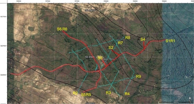 Figure 2. Source and receiver configuration in the survey. Source and receiver line are indicated in S and R preposition, respectively. The S1R1 line is located along the main road.