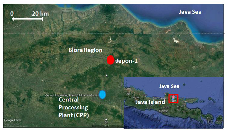Figure 1. Location of Gundih CCS Pilot Project. Blue dot indicates the CPP (Central Processing Plant) location, and red dot is the CO2 injection well candidate. (taken from Asikin, 2018)