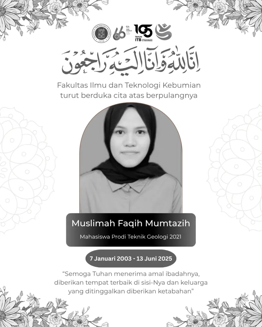 Fakultas Ilmu dan Teknologi Kebumian Mengucapkan Turut Berduka Cita.